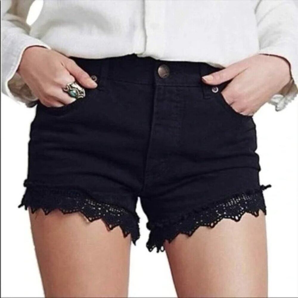 Free People Black Denim Cutoff Shorts SIZE 26 Crochet Lace Trim